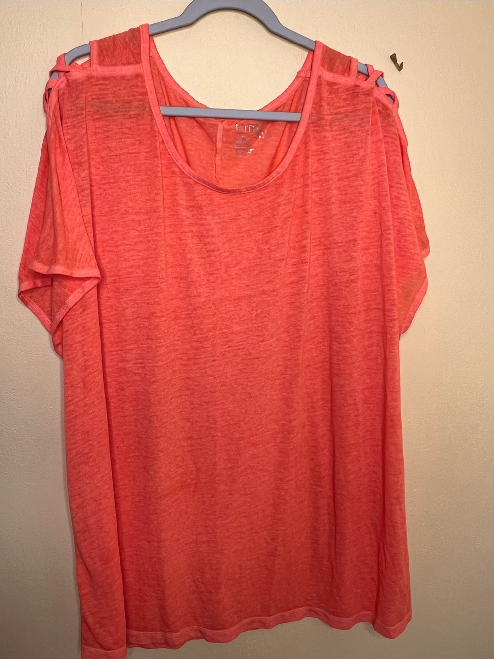 Terra & Sky Coral Cold-Shoulder Short Sleeve Tee with Ladder Straps